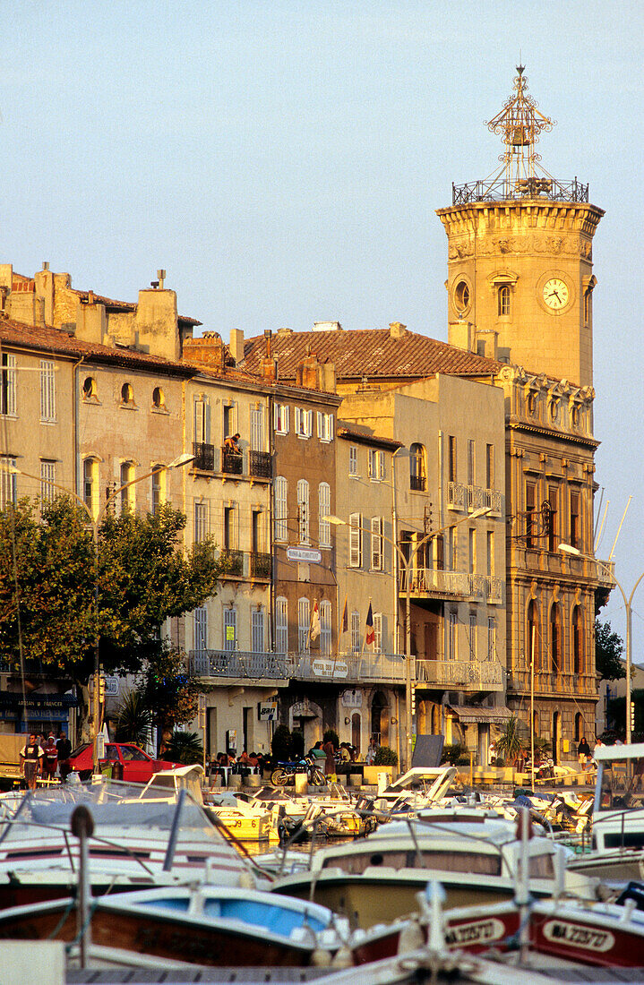 France, Alpes Provence cote d'Azur, Provence, Bouches du Rhône, La Ciotat, the old harbour and the tower of the ancient city hall (19th century)