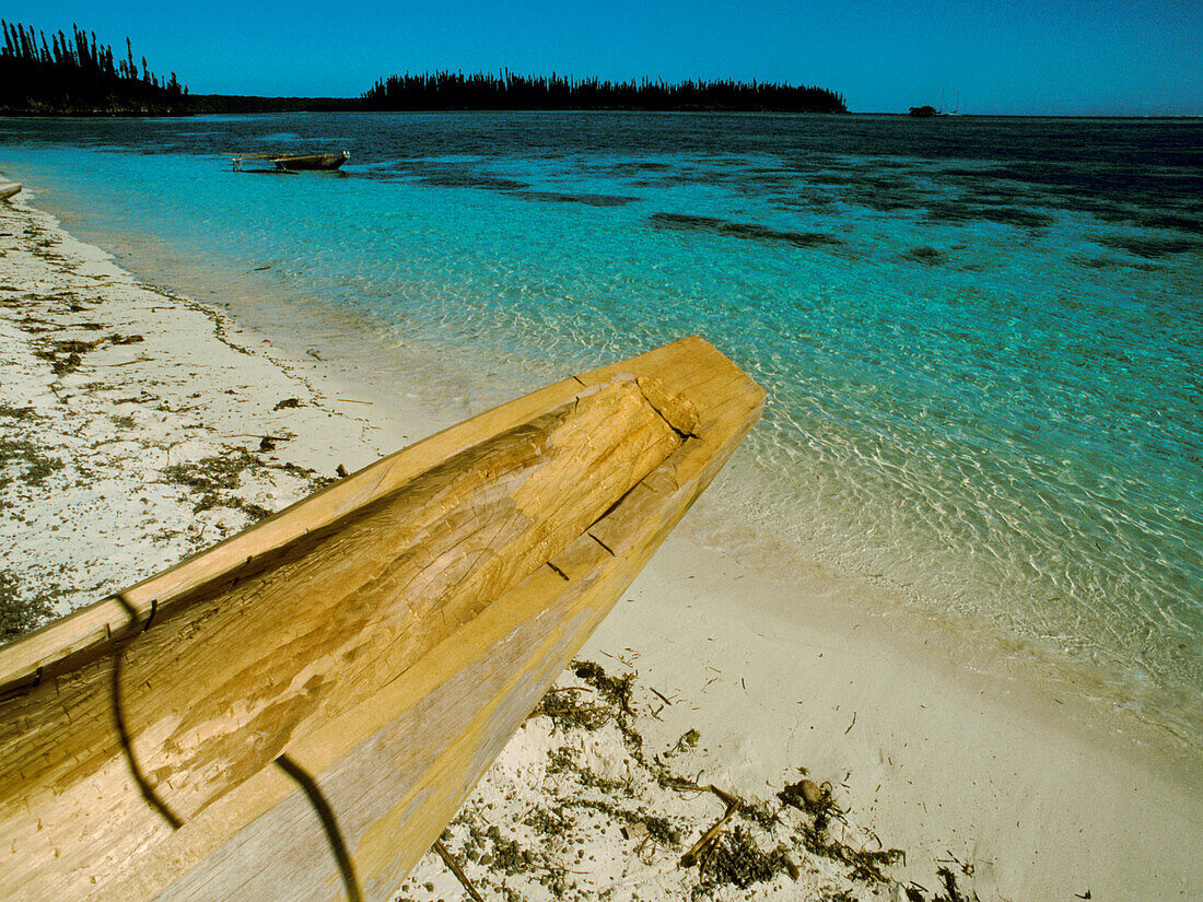 New Caledonia, Pines island, Oro bay, little boat on the beach