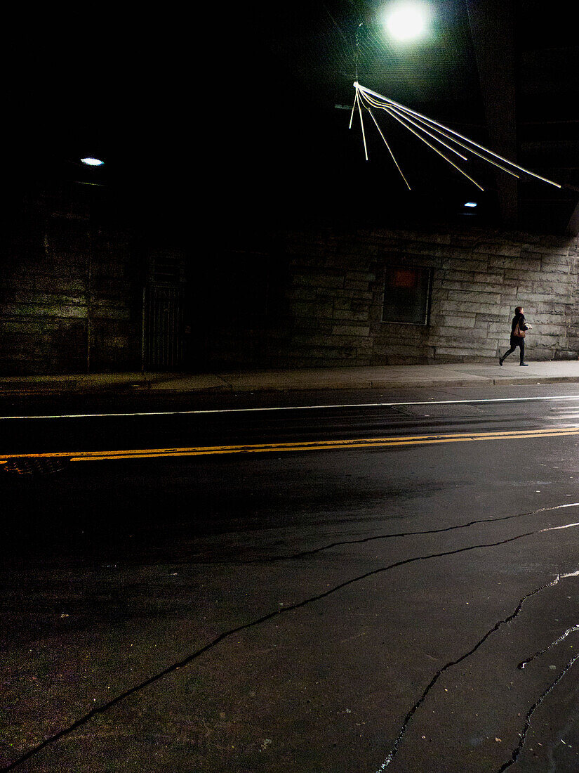 Woman Walking Under Overpass With Street Art Installation, Williamsburg, Brooklyn, New York, USA