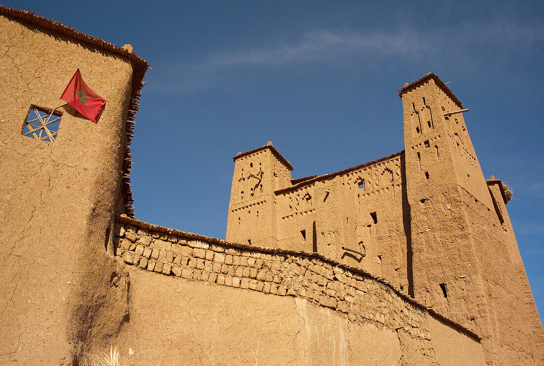 Moroccan flag and Ksar, Ait-Ben-Haddou, Morocco