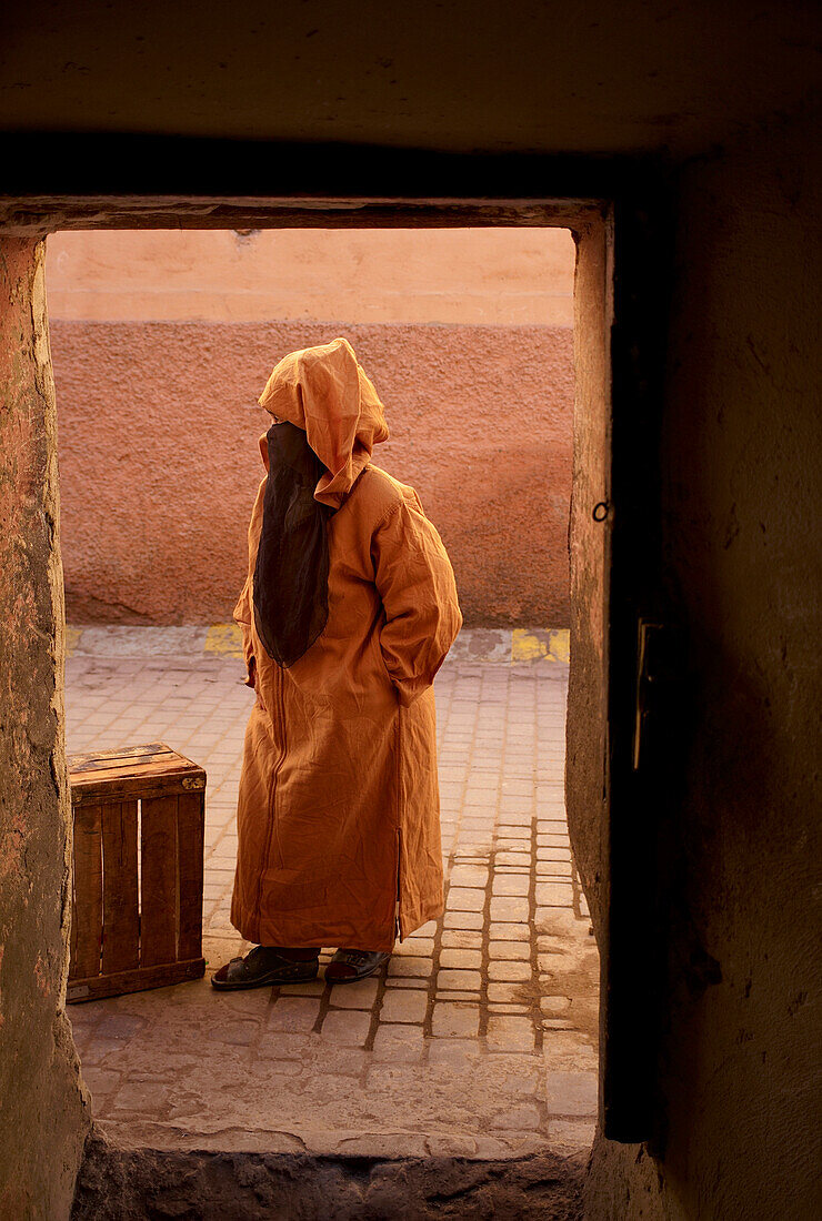 Man in Traditional Clothes Standing in Doorway, Marrakesh, Morocco