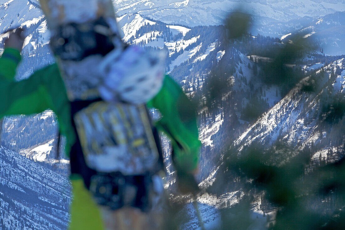 Snowboarder ascending, Oberjoch, Bad Hindelang, Bavaria, Germany