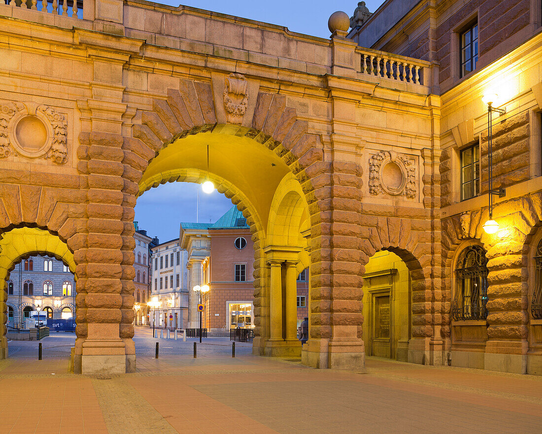 Riksdagen is a street in Gamla stan, the old town in Stockholm, and passes between the eastern and the western buildings of the Swedish Parliament Buildings, Stockholm, Sweden