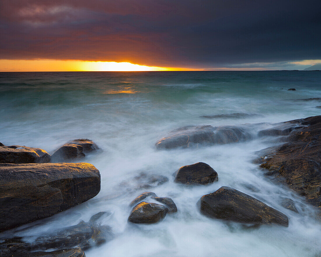 Rocks seen in the light of the midnight sun, Vestvagoya, Gimsoystraumen, Nordland, Norway