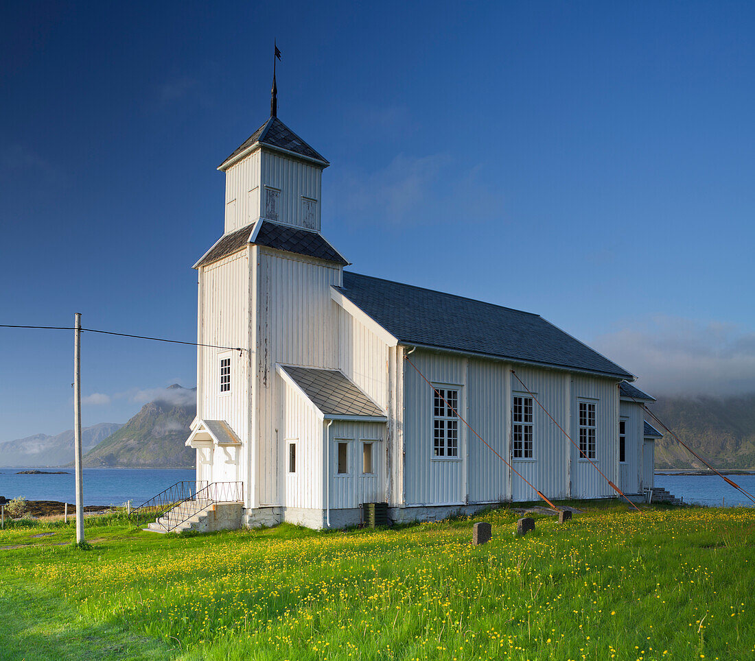 Gimsoy wooden church at Gimsoysand, Nordland, Norway