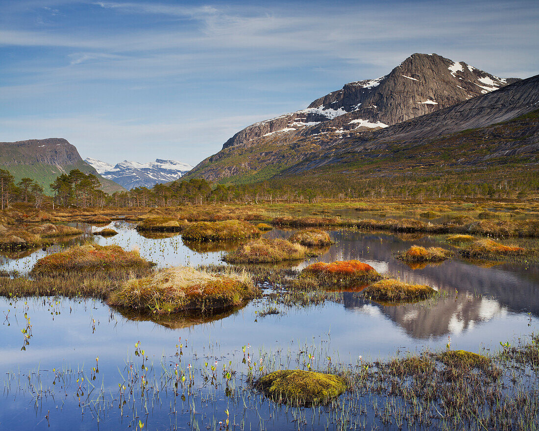 Mountain reflection in lake Sandholmvatnet, Kobbenestinden mountain in the background, near Skjellneset, Forsahavet, Ballangen, Nordland, Norway