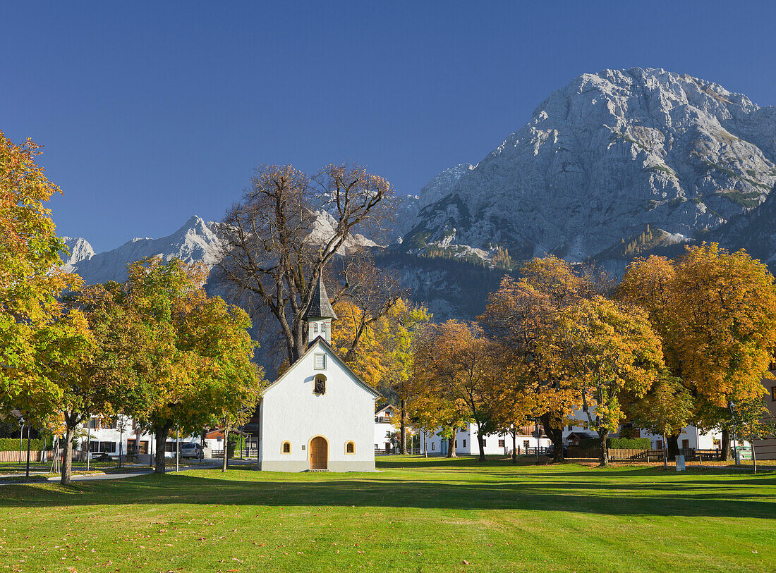 Chapel amidst chestnut trees, Martinsplatz, Ehrwald, Mieming Range, Tyrol, Austria, Europe