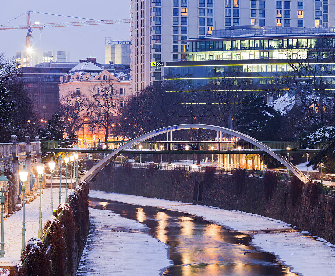 The Hilton Hotel at the Wien river in winter, 3. Bezirk, Vienna, Austria, Europe