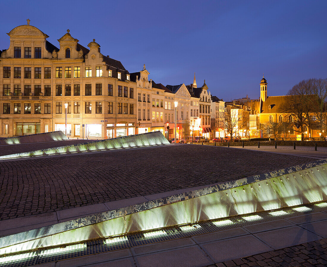Illuminated residential houses at Place de L'Albertine, Brussels, Belgium, Europe