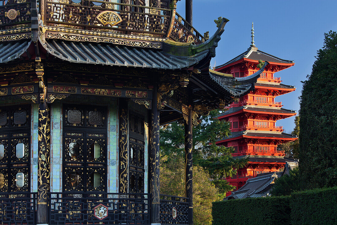 Chinese pavilion and Japanese tower in the sunlight, Brussels, Belgium, Europe