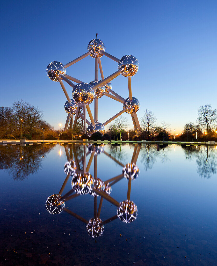The Atomium at a pond at sunset, Brussels, Belgium, Europe
