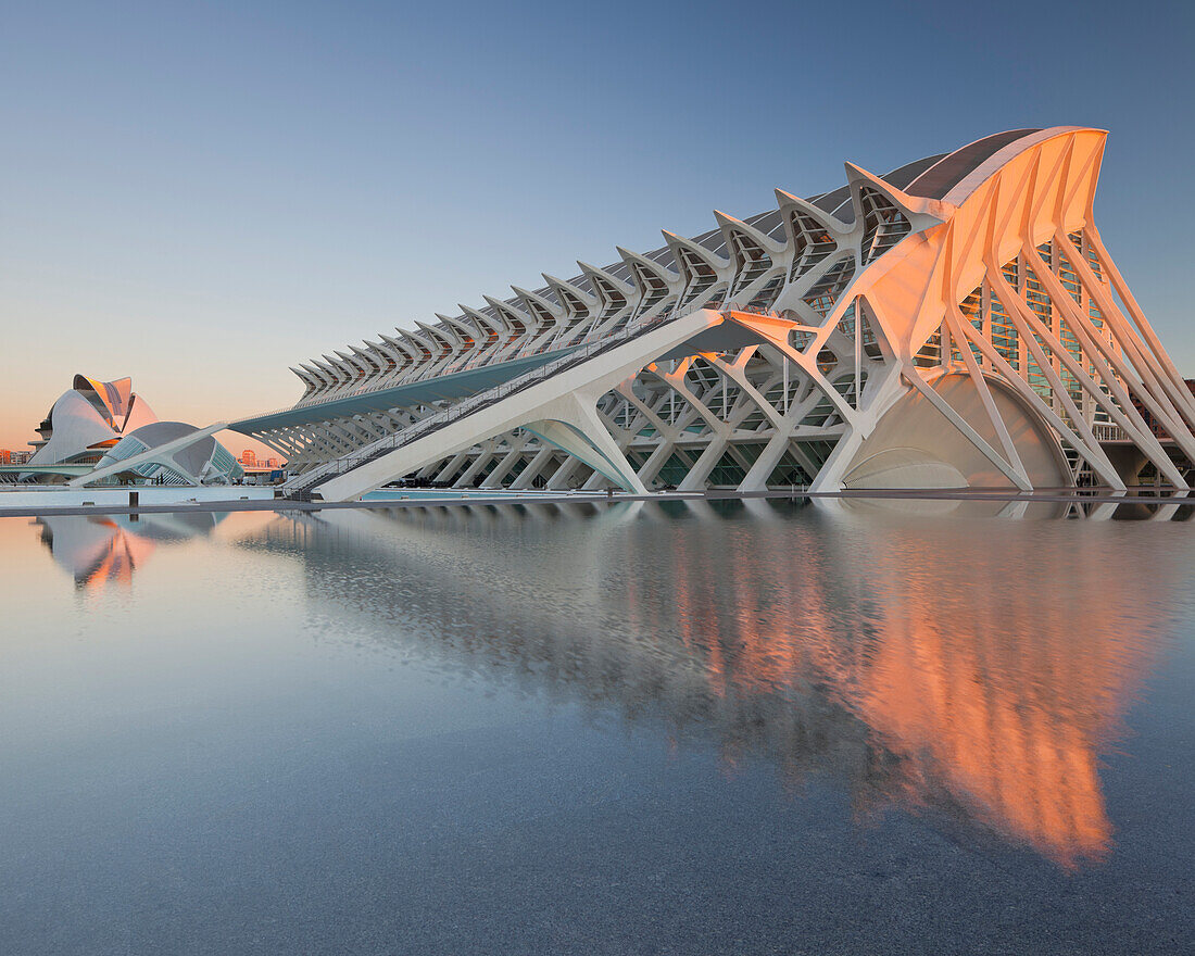 Museum der Wissenschaften im Licht der Abendsonne, Museo de las Ciencias Principe Felipe, Ciudad de las Artes y de las Ciencias, Valencia, Spanien, Europa