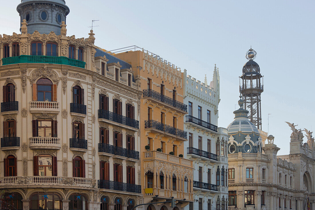 Facades of houses, Place de l'Ajuntament, Valencia, Spain, Europe