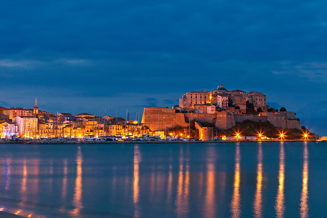 The Citadelle and the city of Calvi in the evening, Calvi, Corsica, France