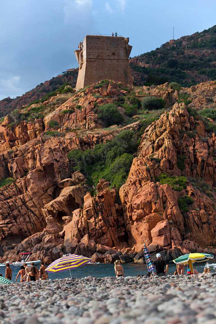 The beach in Porto and the Genoese Tower, Porto, Corsica, France