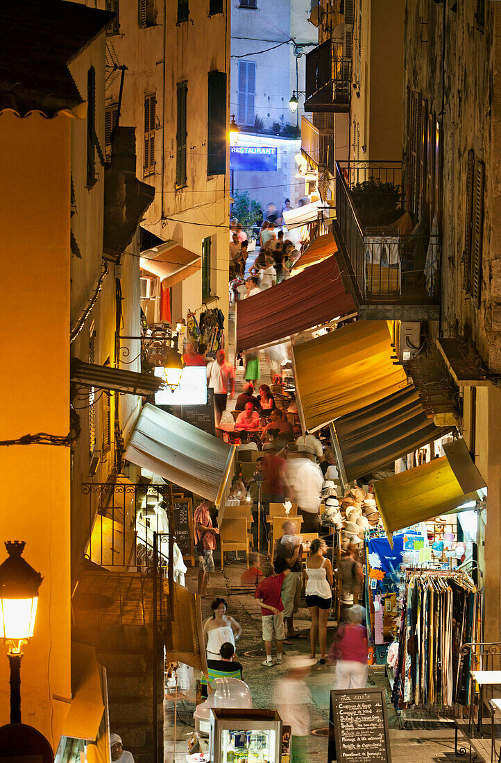 Rue Clemenceau shopping alley in the old town, Calvi, Corsica, France