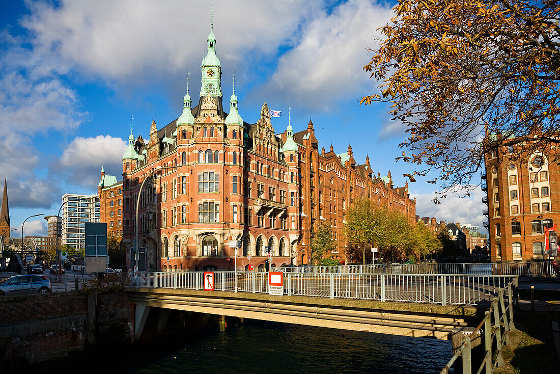 St. Annen bridge and town hall of Speicherstadt, Hansecitiy Hamburg, Germany, Europe