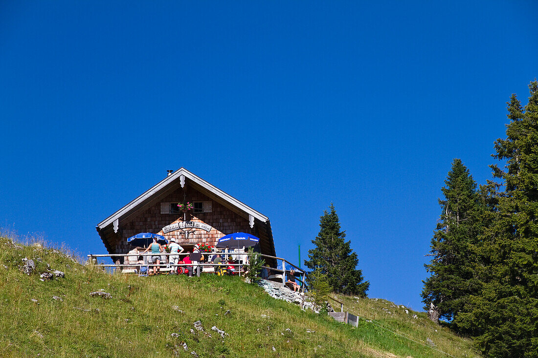 Sonnbergalm im Sonnenlicht, Mangfallgebirge, Oberbayern, Deutschland, Europa