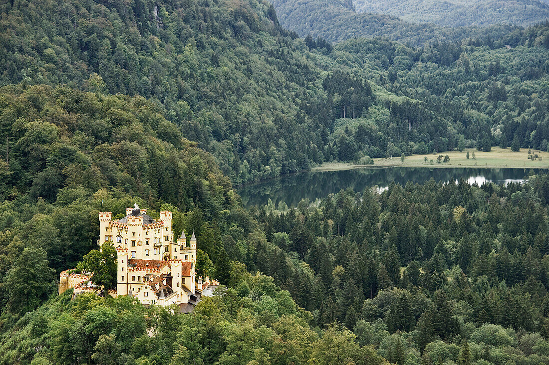 Blick auf Schloss Hohenschwangau mit Schwansee im Hintergrund, Schwangau, Allgäu, Bayern, Deutschland