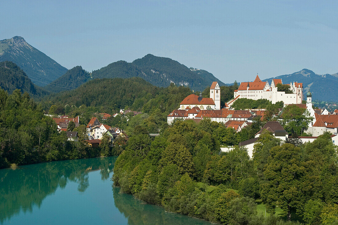 View over Lech river to Hohes Schloss (high castle, Fuessen, Allgaeu, Bavaria, Germany