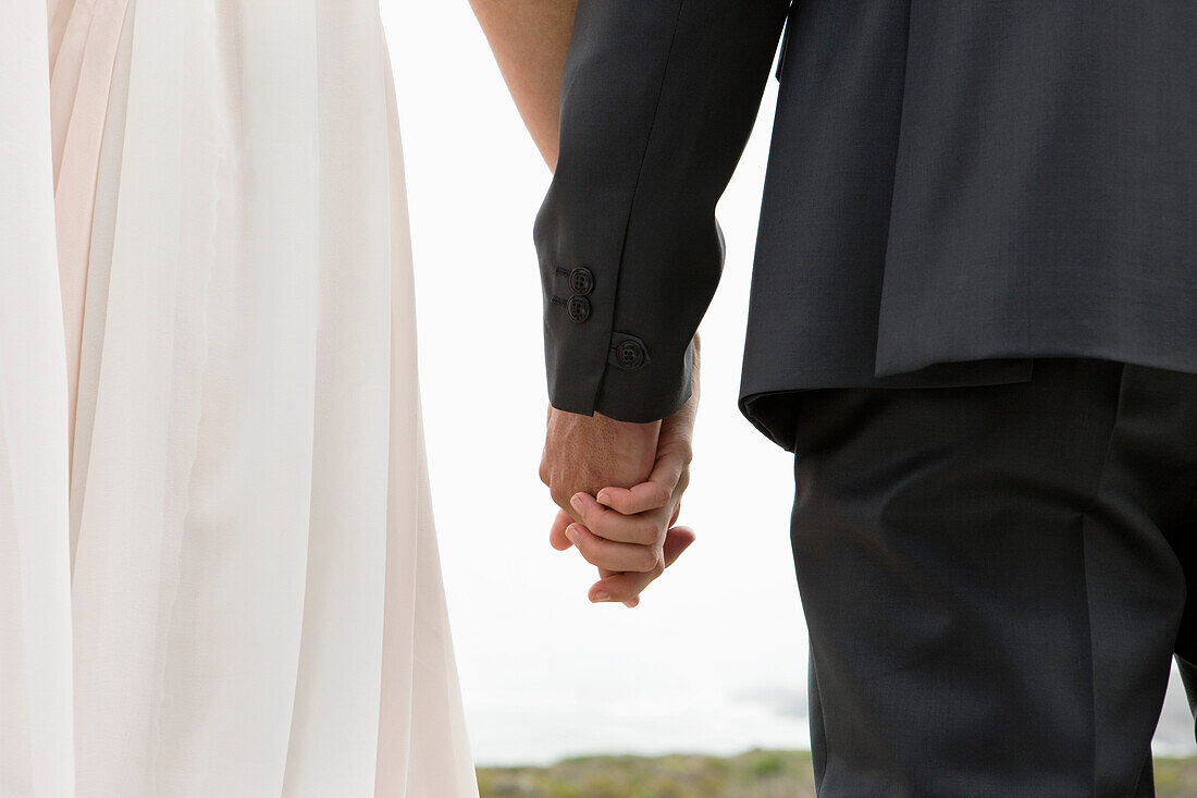 Rear view of a couple holding hands