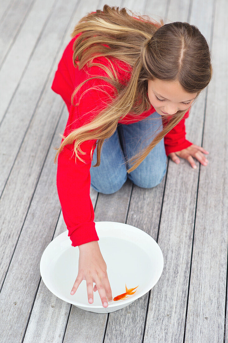 High angle view of a girl touching a fish in a bowl