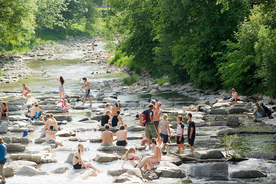 Bathing people at the Dreisam river, Freiburg im Breisgau, Baden-Wuerttemberg, Germany, Europe