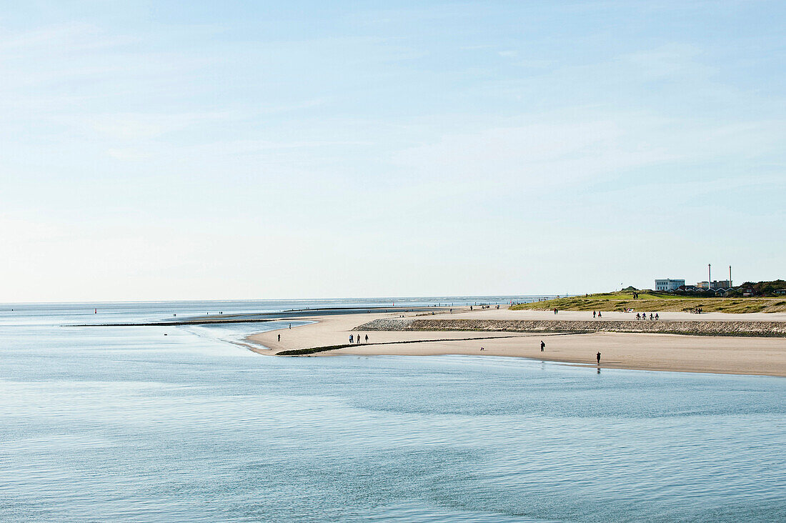 View to Norderney island with sandy beach, East Frisian Islands, Lower Saxony, Germany