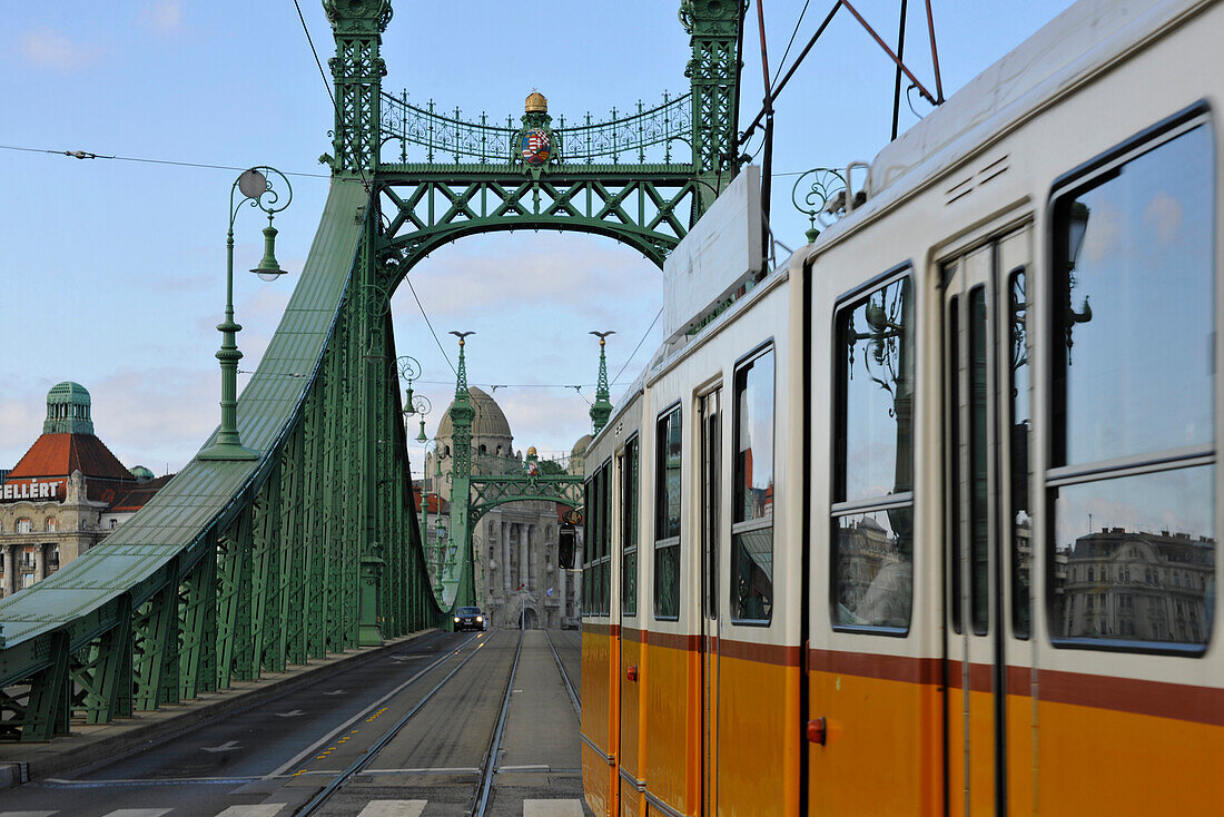 Tram on Liberty Bridge, Gellert Hotel in the background, Budapest, Hungary, Europe
