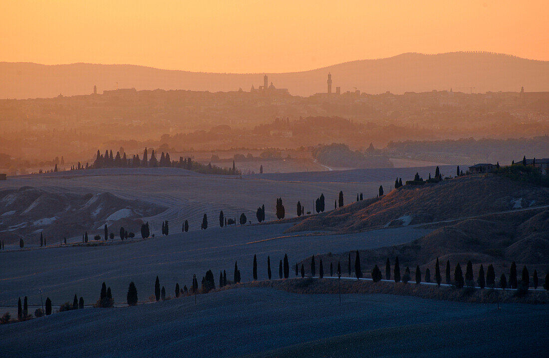 Crete at sunrise, view of Siena, Tuscany, Italy, Europe