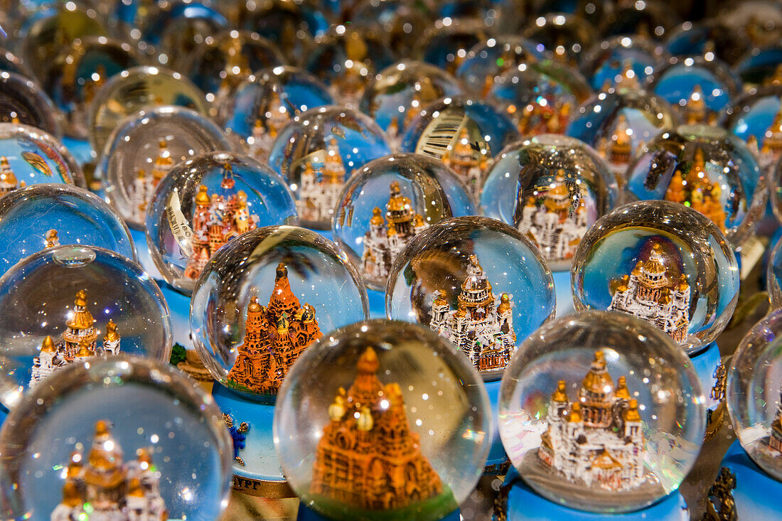 Souvenir snow globes for sale at gift shop, St. Petersburg, Russia