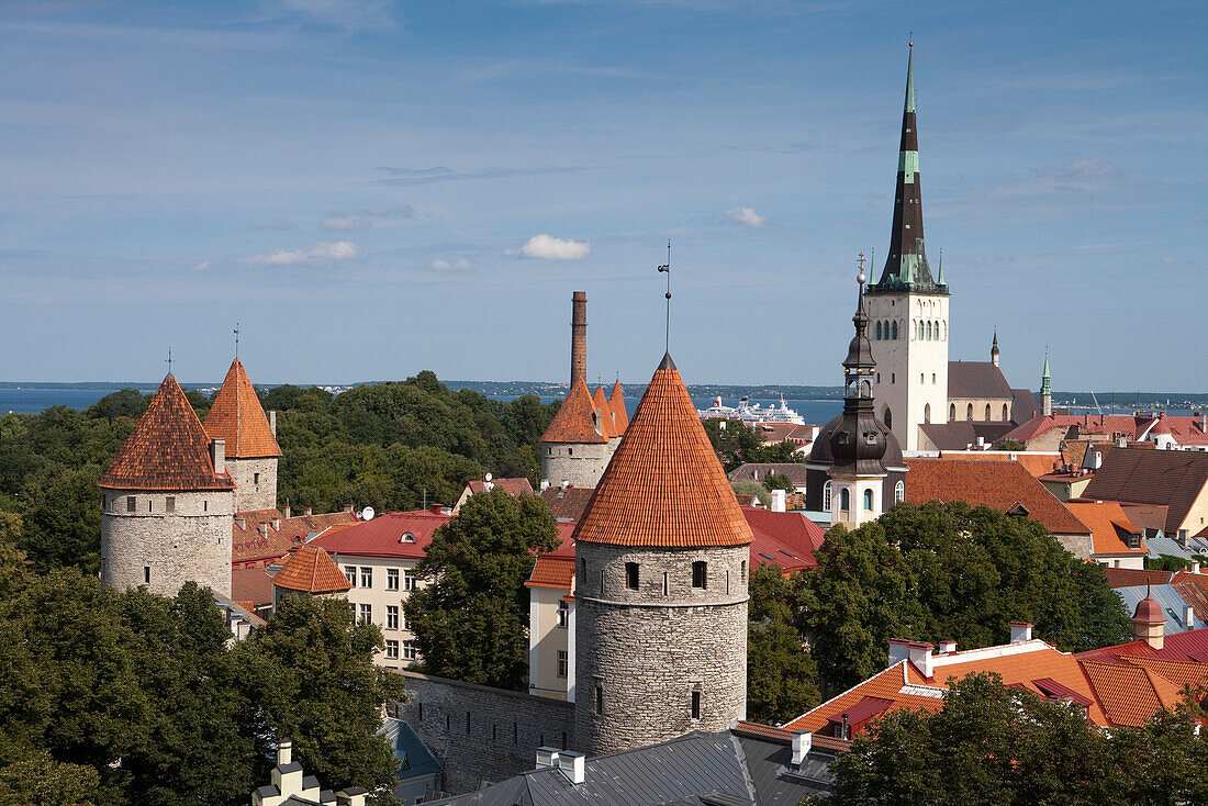 Overhead of city with churches and towers from Toompea hill, Tallinn, Harjumaa, Estonia