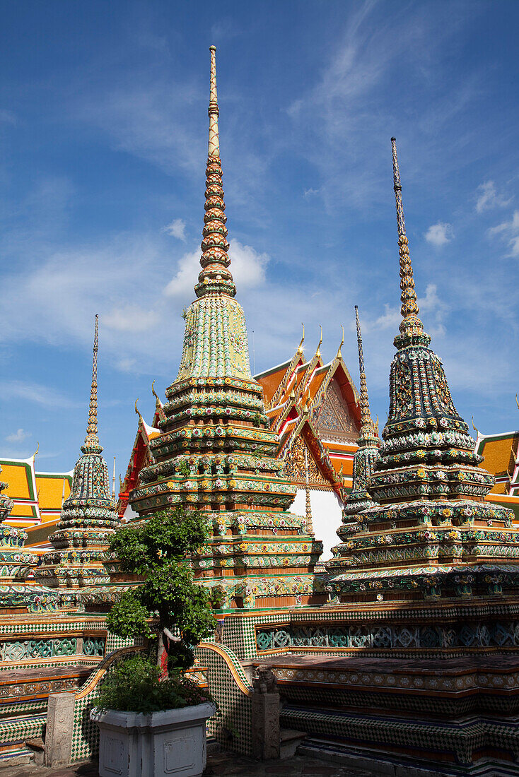 Spires and buildings at Wat Pho, Temple of the Reclining Buddha, Bangkok, Thailand