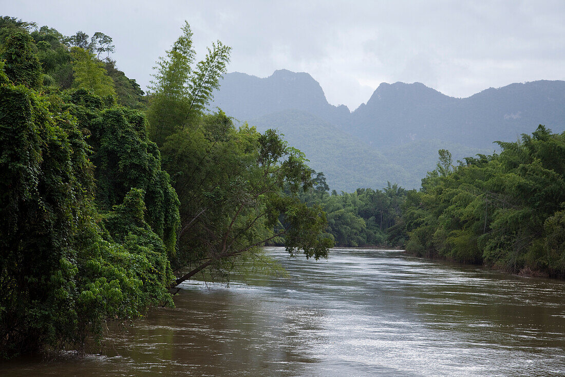 Dschungel und Berge, Blick von Flusskreuzfahrtschiff RV River Kwai während einer Kreuzfahrt auf dem Fluss River Kwai Noi, nahe Kanchanaburi, Thailand, Asien