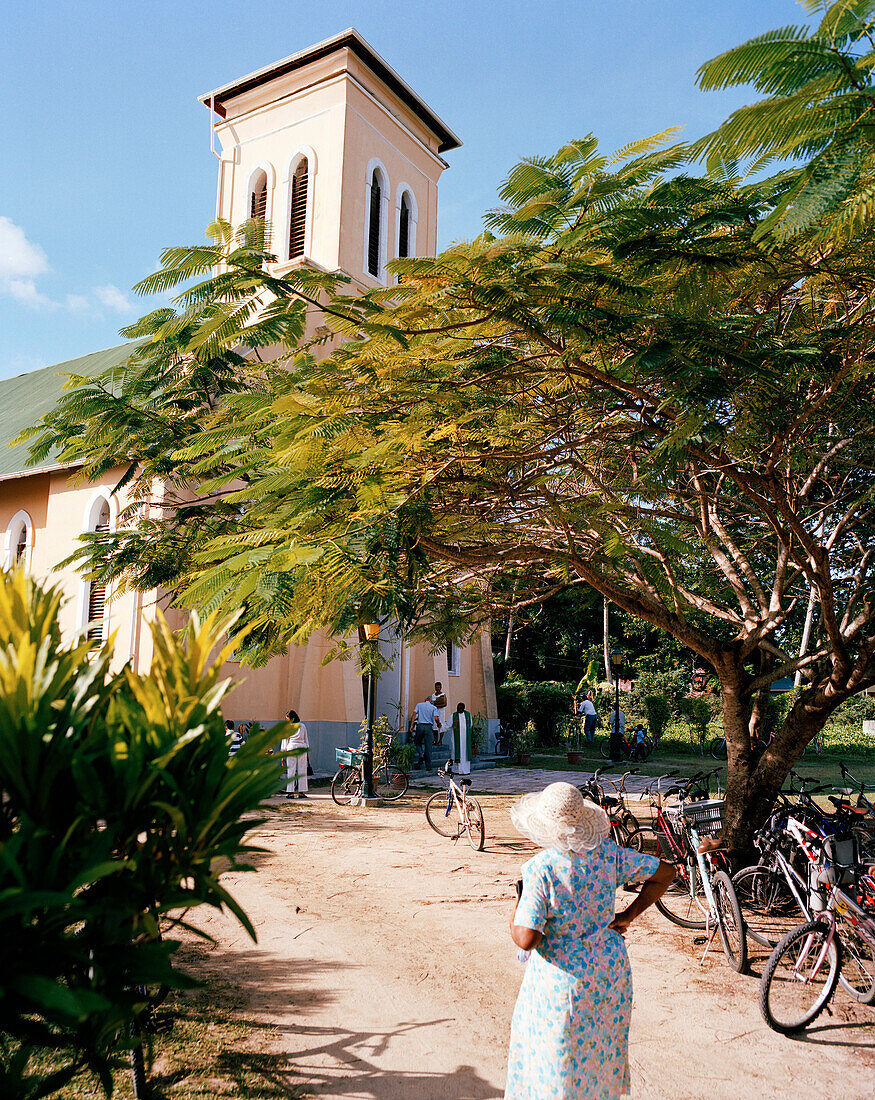 Church in La Passe on a Sunday morning before service, La Passe, La Digue, La Digue and Inner Islands, Republic of Seychelles, Indian Ocean