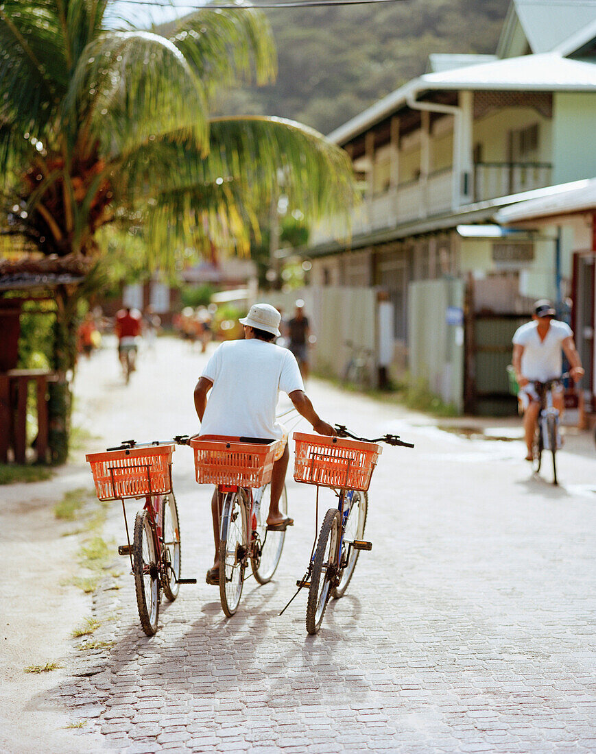 Man with rental bikes on mainroad in La Passe, La Digue, La Digue and Inner Islands, Republic of Seychelles, Indian Ocean