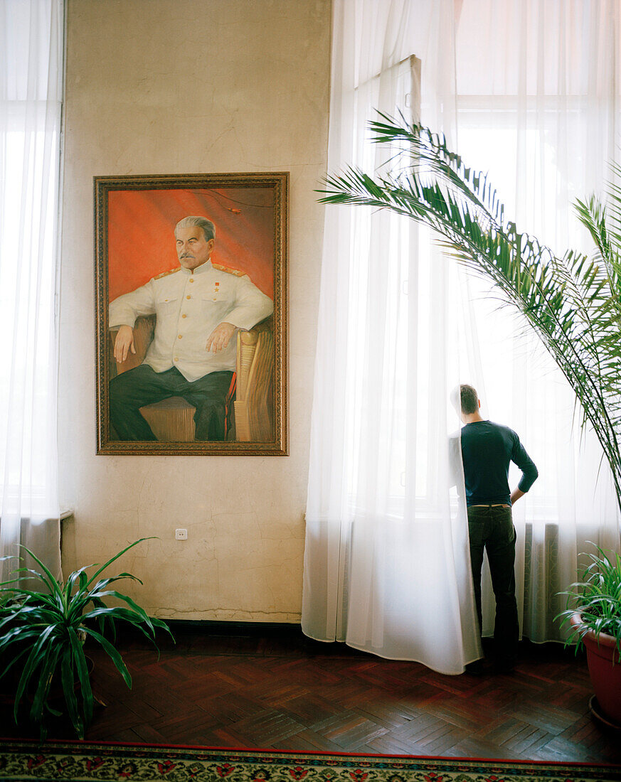 Painted portrait of Stalin at the corridor of the Sovietsky Historical Hotel, Moscow, Russia, Europe