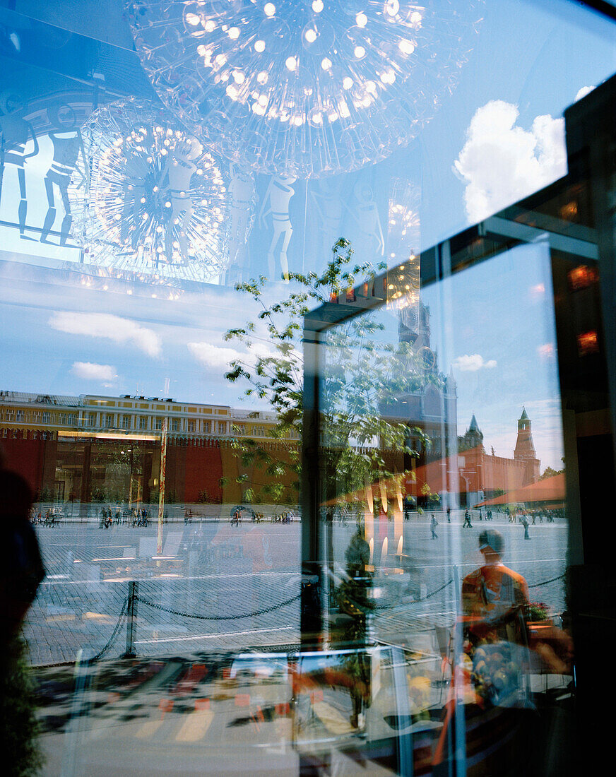 Reflection in a window opposite Lenin mausoleum on the Red Square, Moscow, Russia, Europe