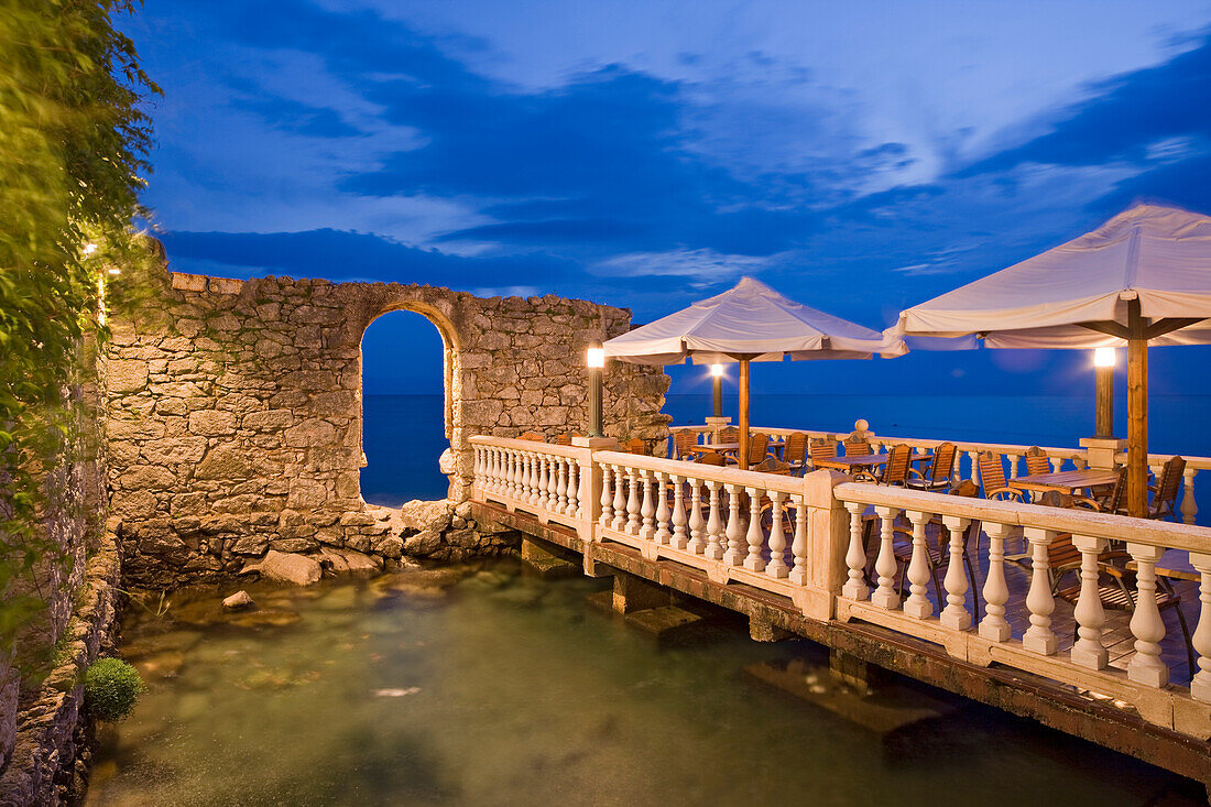 Terrace of a restaurant in the evening, Njivice, Kvarner Gulf, Krk Island, Croatia, Europe