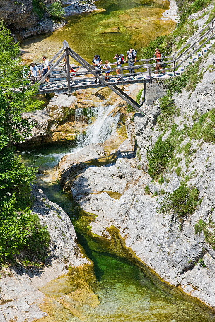 High angle view of hikers on a bridge, Oetscherland, Oetschergraeben, Lower Austria, Austria, Europe