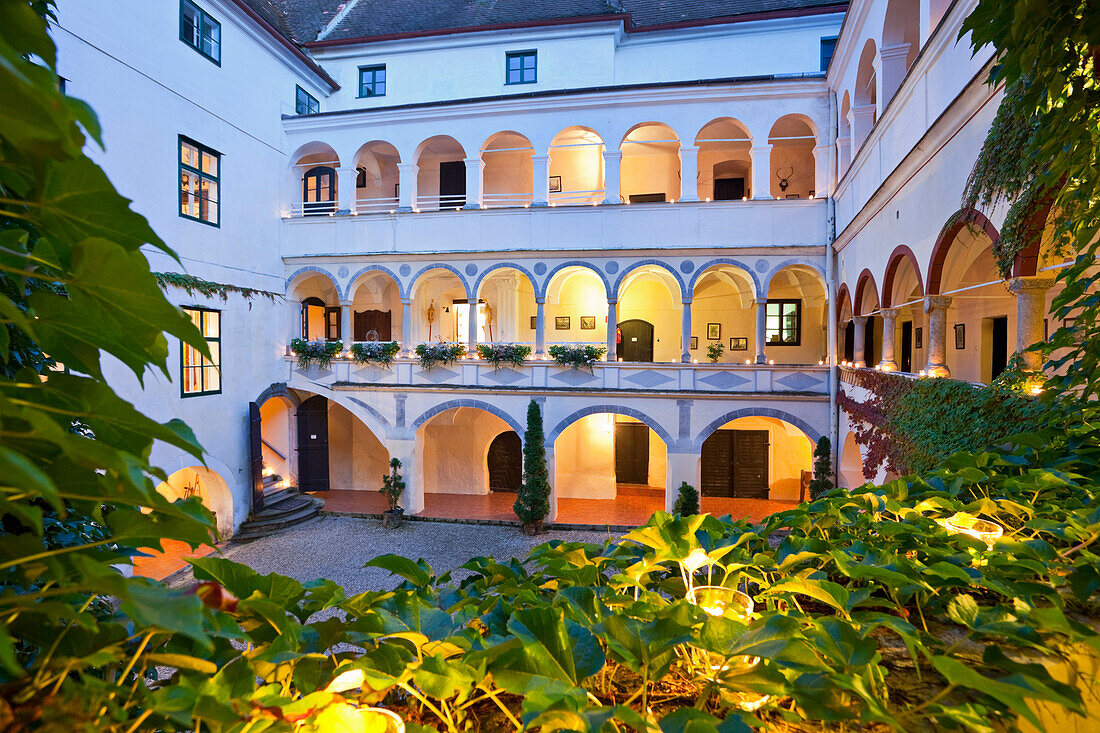 View of the inner courtyard of Ernegg castle in the evening, Lower Austria, Austria, Europe