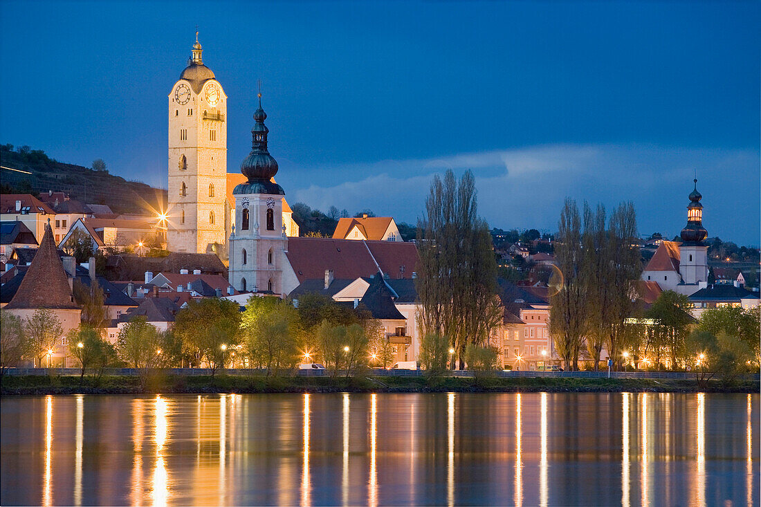 Illuminated church at night, Krems, Wachau, Lower Austria, Austria, Europe