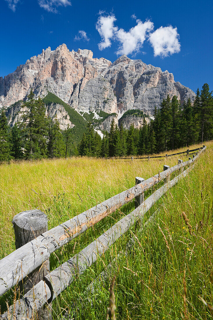 Holzzaun auf einer Wiese, Würzjoch, Dolomiten, Alto Adige, Südtirol, Italien, Europa