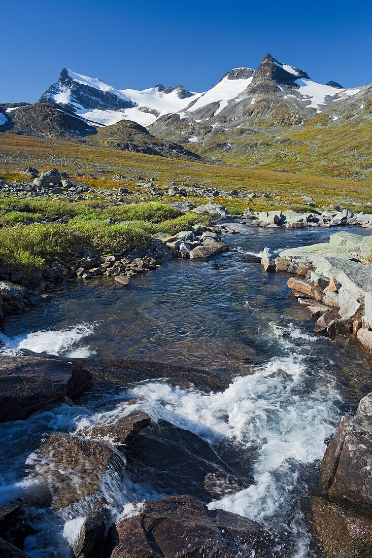 Fluss Leira im Sonnenlicht, Jotunheimen Nationalpark, Leirdalen, Smörstabtindan, Norwegen, Europa