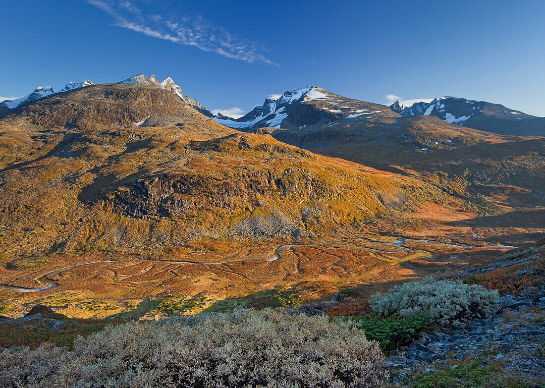 Berge und Fluss in herbstlicher Landschaft, Jotunheimen Nationalpark, Hurrungane, Norwegen, Europa