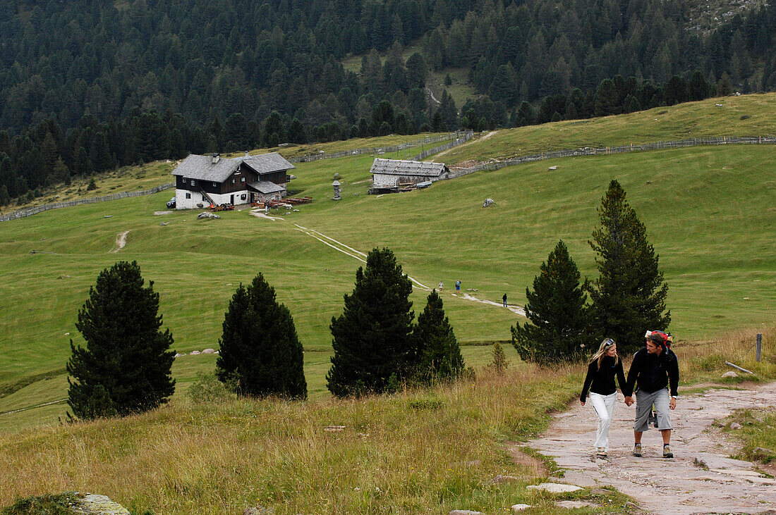 Wanderer im Villnösstal, Raschötz, Almhütte im Hintergrund, Valle Isarco, Alto Adige, Südtirol, Italien