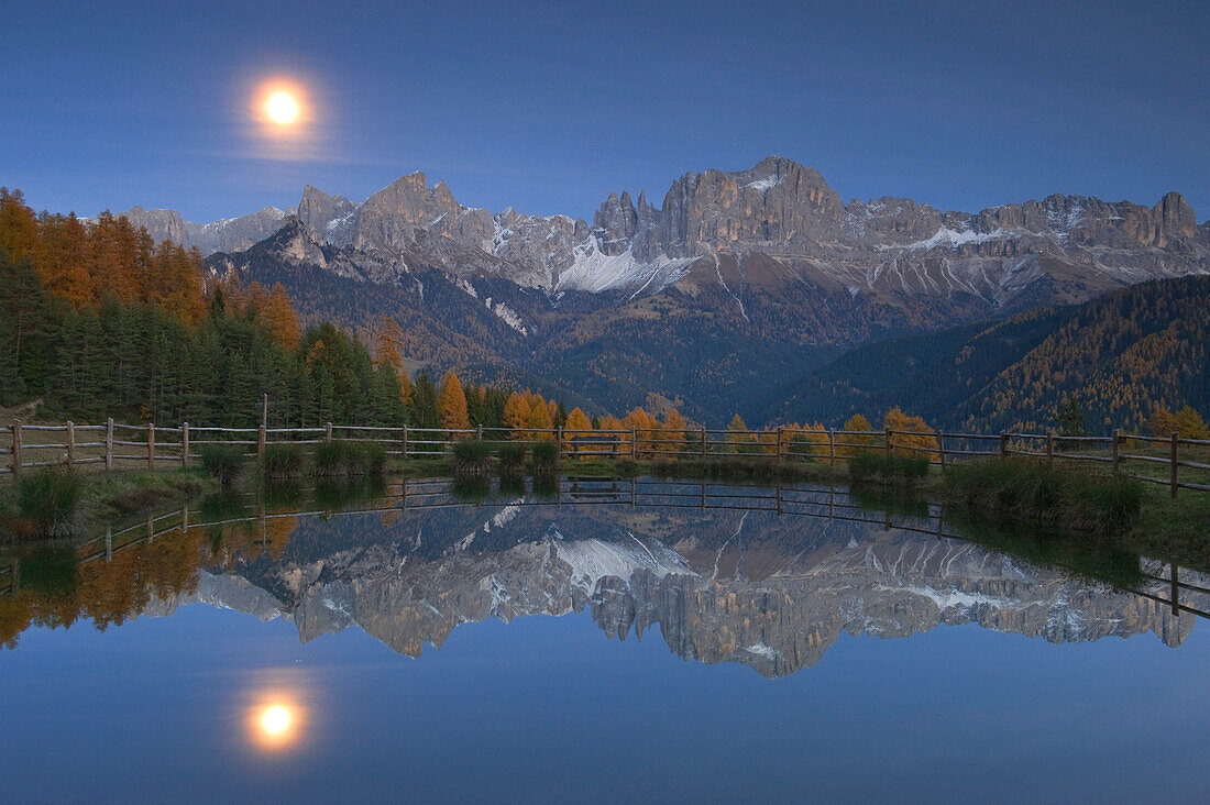 Wuhn Weiher with full moon, Tiersertal,  Eisack Valley, Alto Adige, South Tyrol, Italy