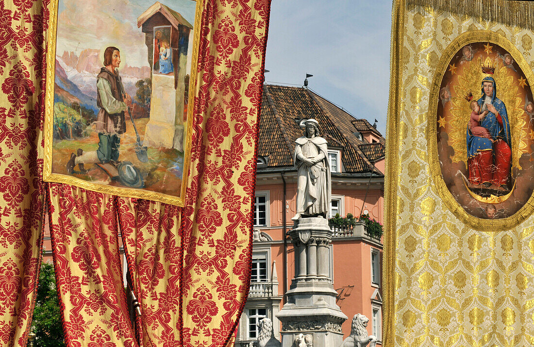 Flags of the Sacro Cuore Procession, Bozen, Alto Adige, South Tyrol, Italy