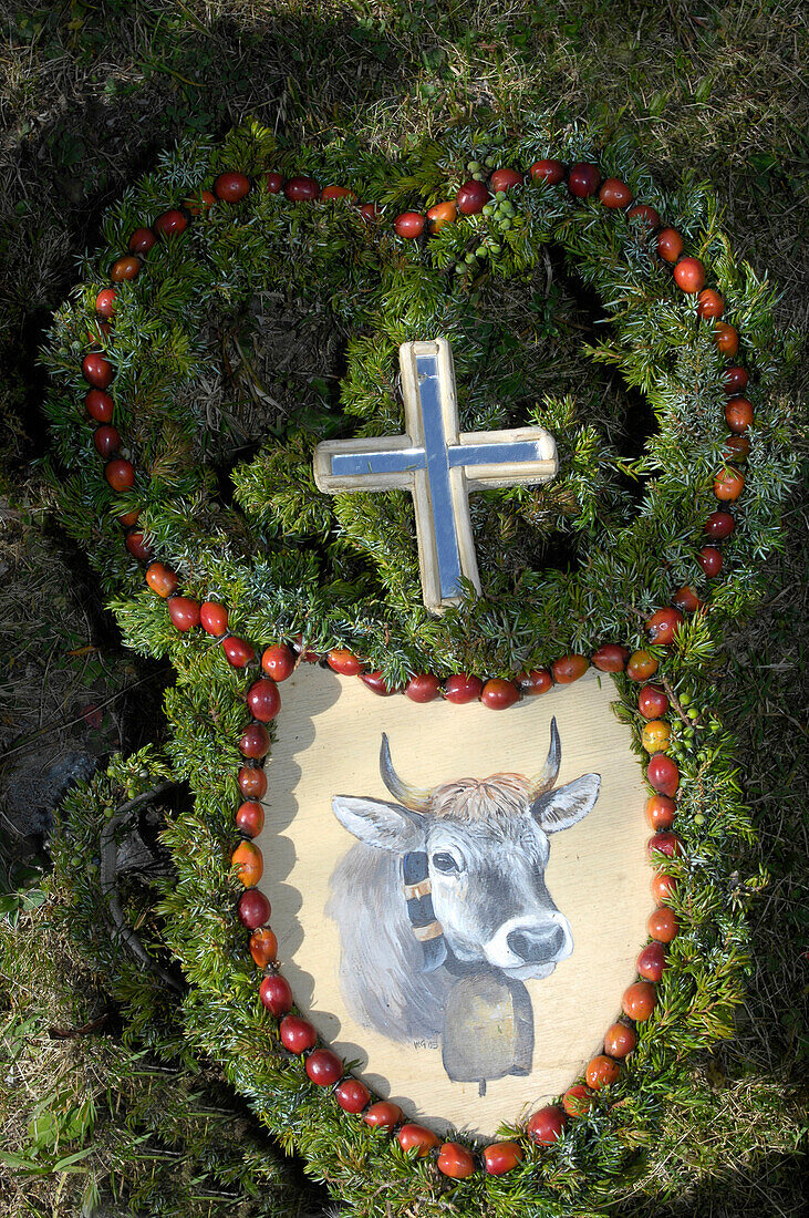 Handcrafted decoration used at ceremonial driving down of cattle from the mountain pastures, Val D'Ultimo, South Tyrol, Alto Adige, Italy, Europe