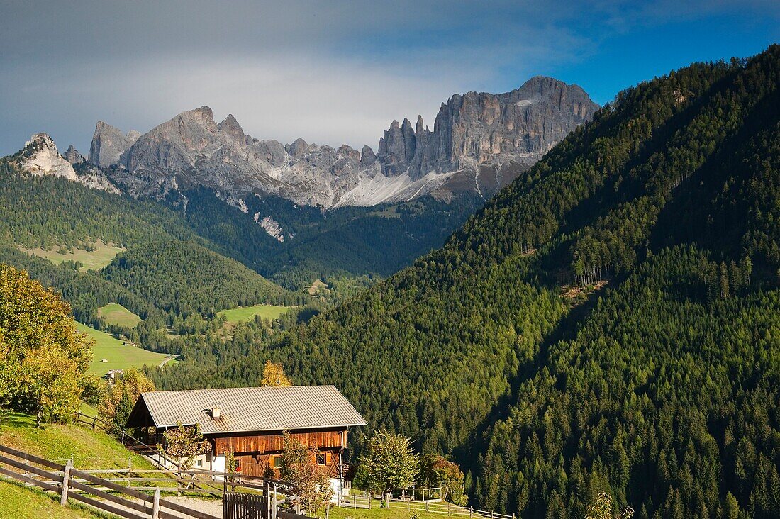 Bauernhof in idyllischer Berglandschaft, Tiersertal, Dolomiten, Südtirol, Alto Adige, Italien, Europa